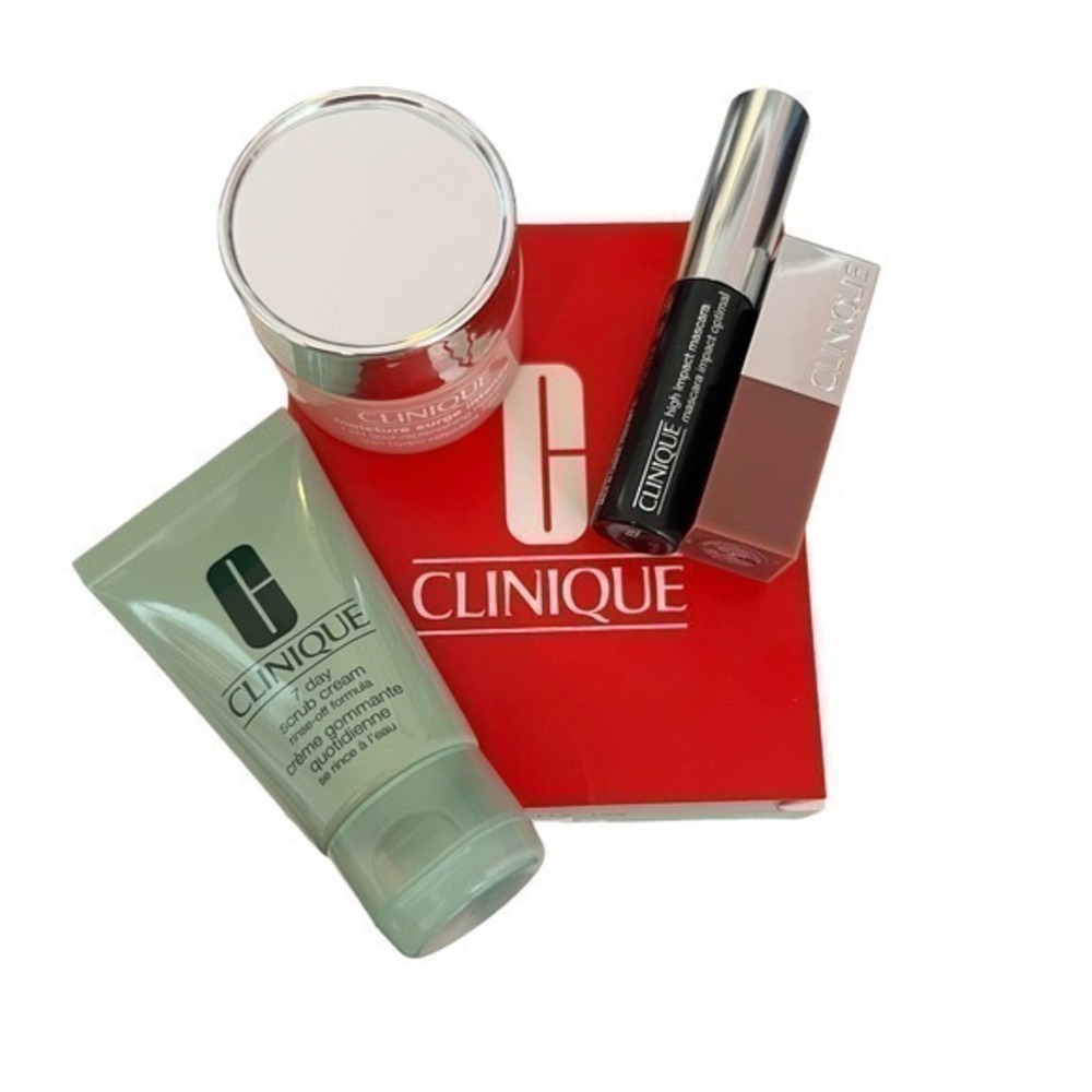NEW Clinique discover clinique makeup set scrub, mascara, lip color, hydrator